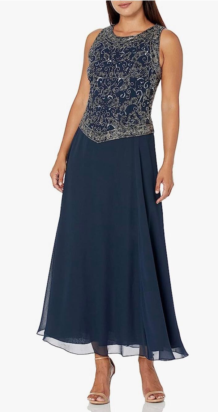 J KARA PETITE LONG BEADED V TRIM DETAIL DRESS NAVY 6 Petite Mother of the Bride